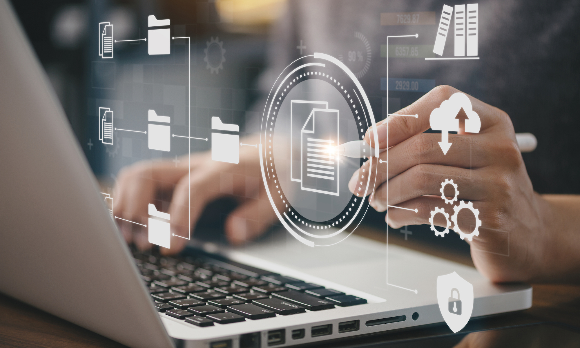 Businessman using a computer to document management concept, online documentation database and digital file storage system or software, records keeping, database technology, file access, doc sharing.